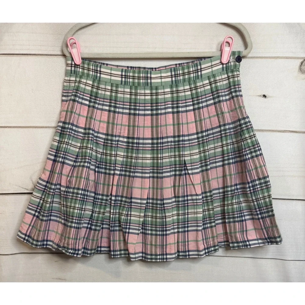 Brooks Brothers Pink Green Plaid Pleated Mini Skirt Women Size 12 Preppy Classic